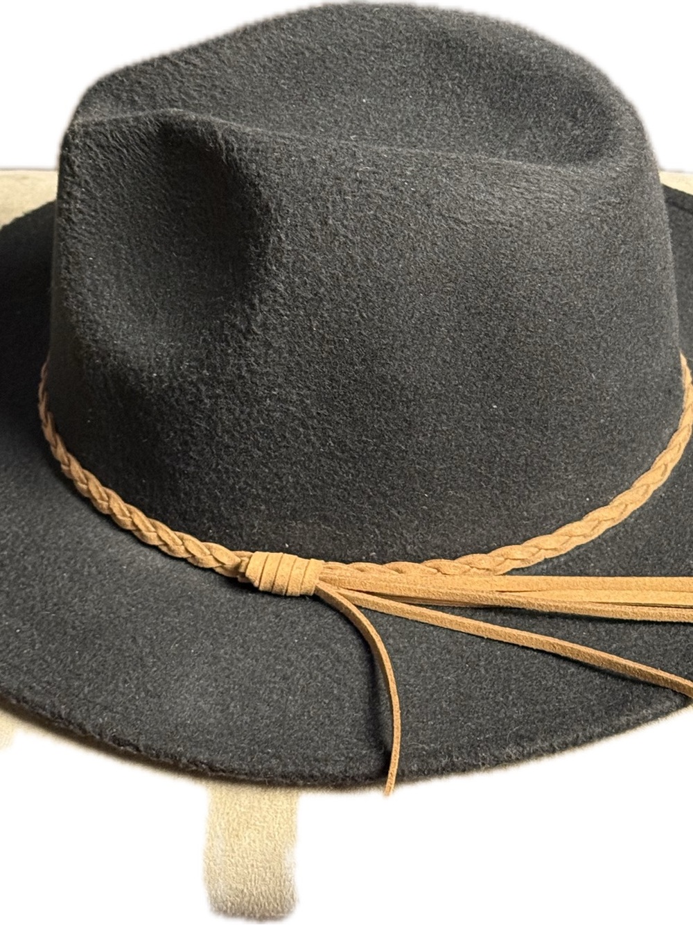 Womens Black Felt Fedora Hat with Tan Braid Trim 57cm